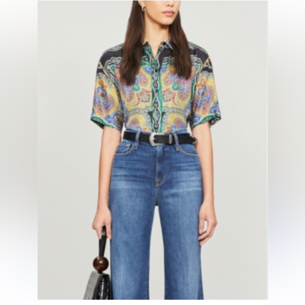 Sandro Ramy Paisley Print Satin Shirt Short Sleeve Silk-Feel Multi Size 3 - Picture 3 of 15